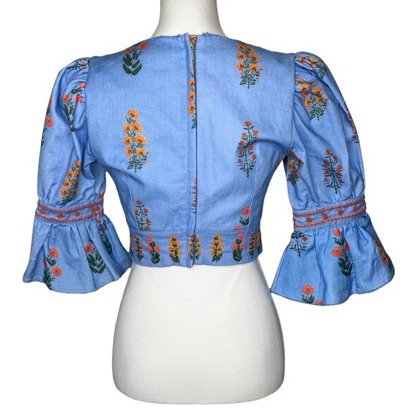 Agua by Agua Bendita Violeta Dahlia Blue Linen Embroidered Floral Cropped Top - Picture 6 of 12